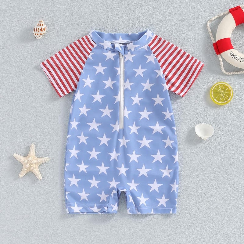 Fuethsuy 4th of July Baby Boy Swimsuit American Flag Zipper Swimwear Short Sleeve Rash Guard Sunsuit One Piece Bathing Suit - Image 2